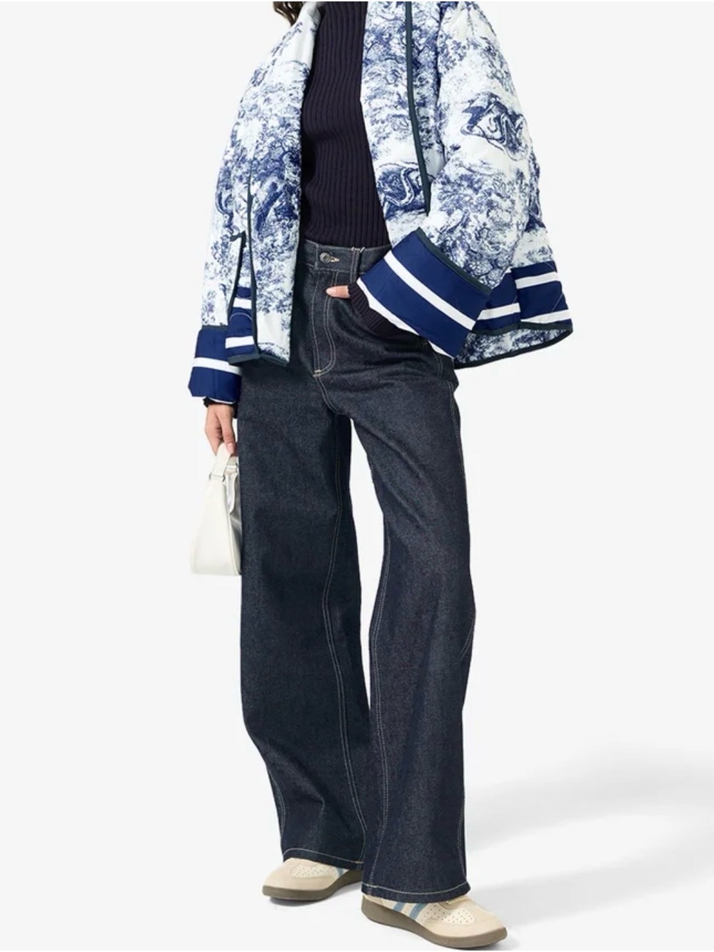 Ginger Blue and White Toile Quilted lapel collar Jacket size L NWOT